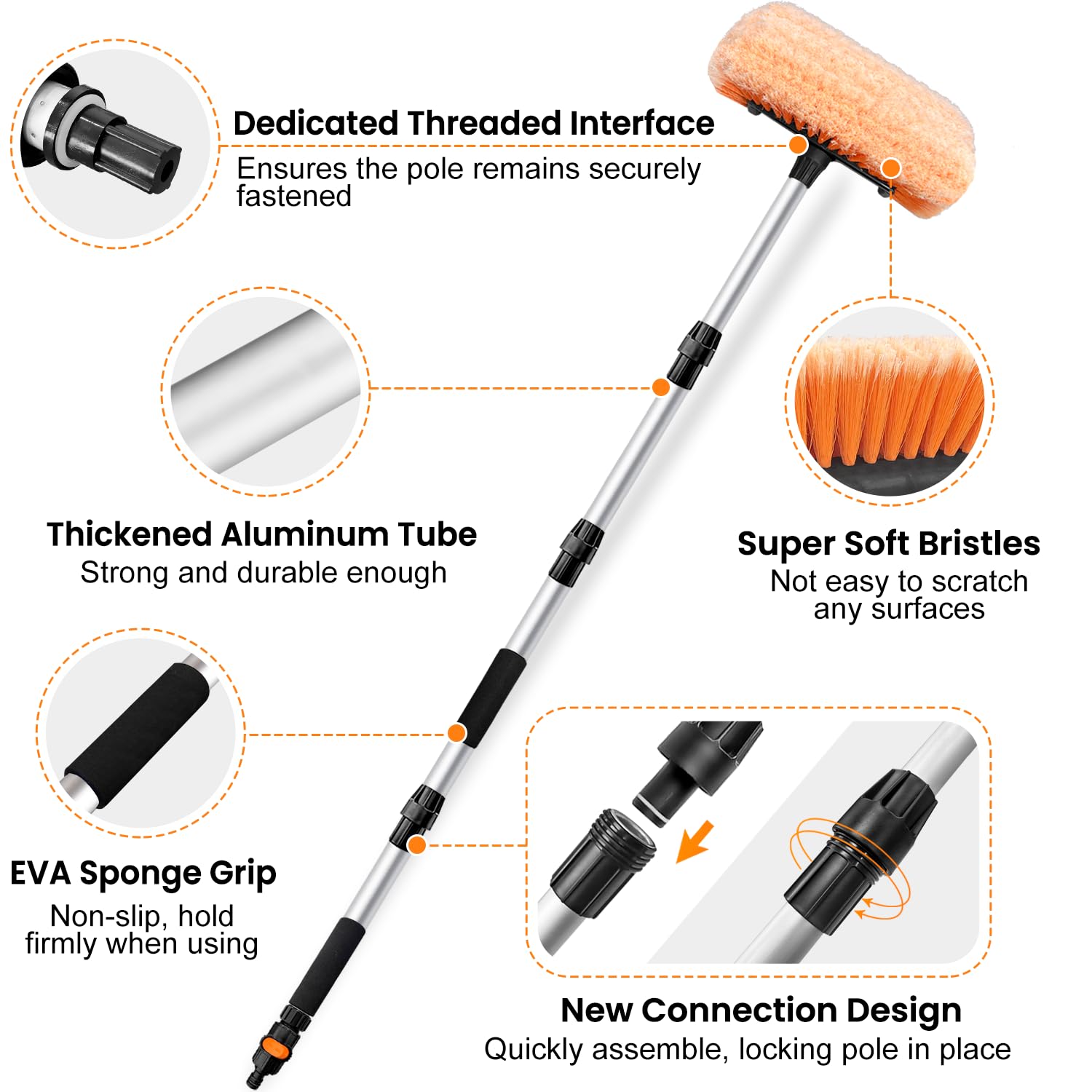 ARTIPOLY Brosse de lavage de voiture à long manche 165 cm | Poignée extensible, fixation de tuyau, anti-rayures, poils doux, idéal pour voiture, camping-car, panneaux solaires