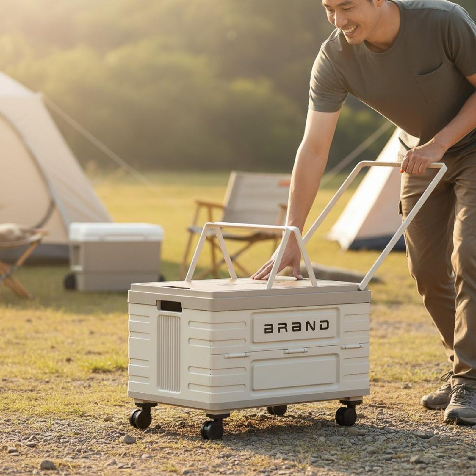 Colcolo Faltbare Aufbewahrungsbox Klappkiste Transportkiste Rollkiste Organizer mit Rollen Und Ziehgriff aus PP mit, Campingwagen Mit Zuggriff, 52L, Elegantes Weiß, Holzdeckel