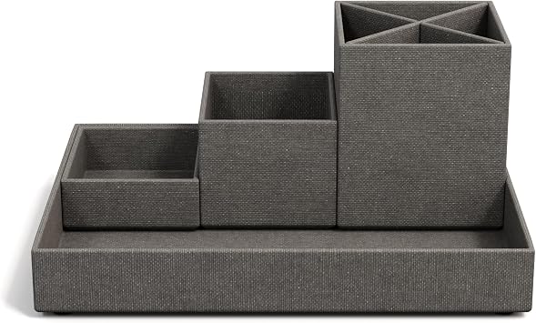 Bigso Box of Sweden Schreibtisch Organizer für Stifte Büroklammern Haftnotizen usw. – Sortierkasten mit 4 Fächern – Ordnungssystem aus Faserplatte und Papier in Leinenoptik – grau