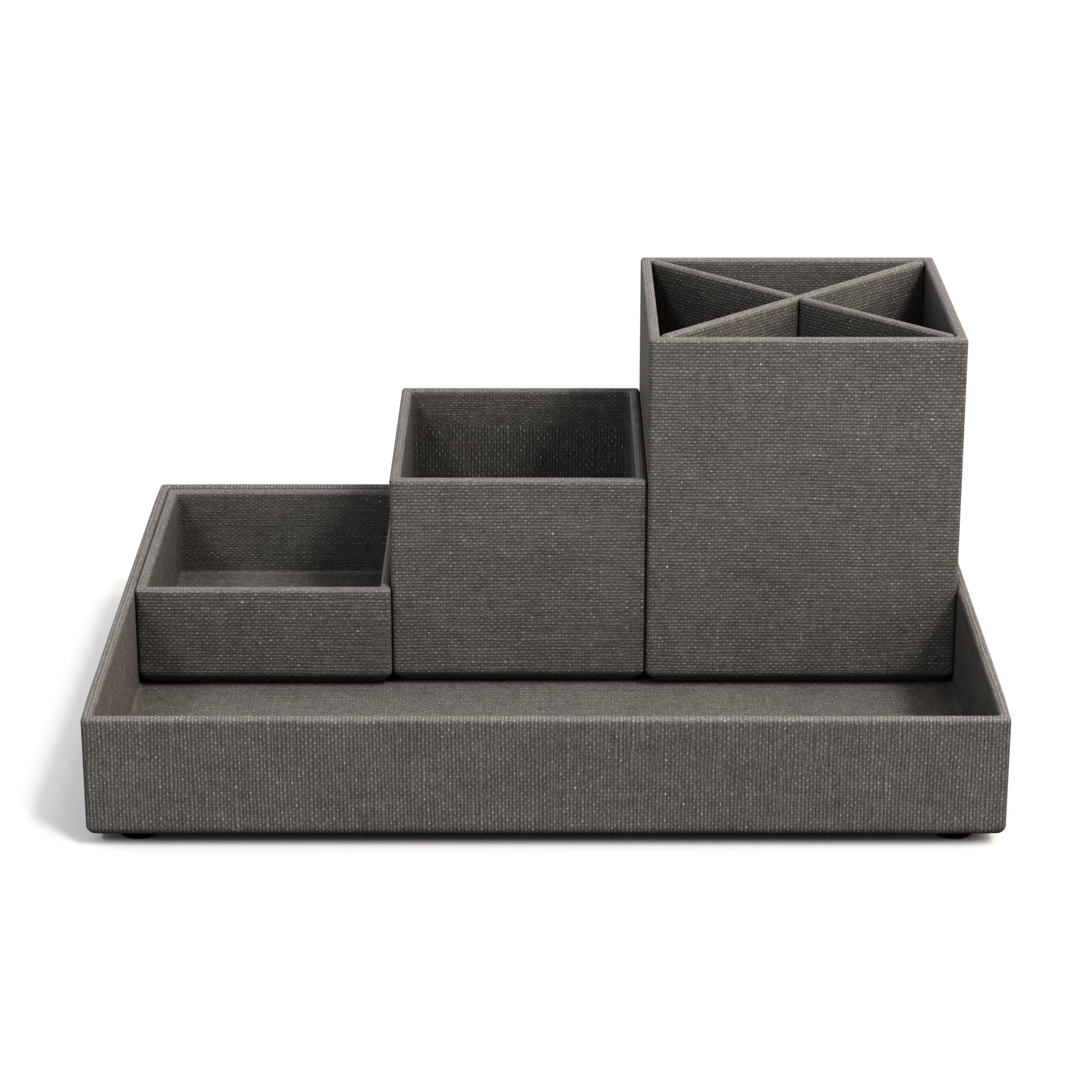 BIGSO BOX OF SWEDEN LENA Schreibtisch Organizer für Stifte, Büroklammern, Haftnotizen usw. – Sortierkasten mit 4 Fächern – Ordnungssystem aus Faserplatte und Papier in Leinenoptik – grau