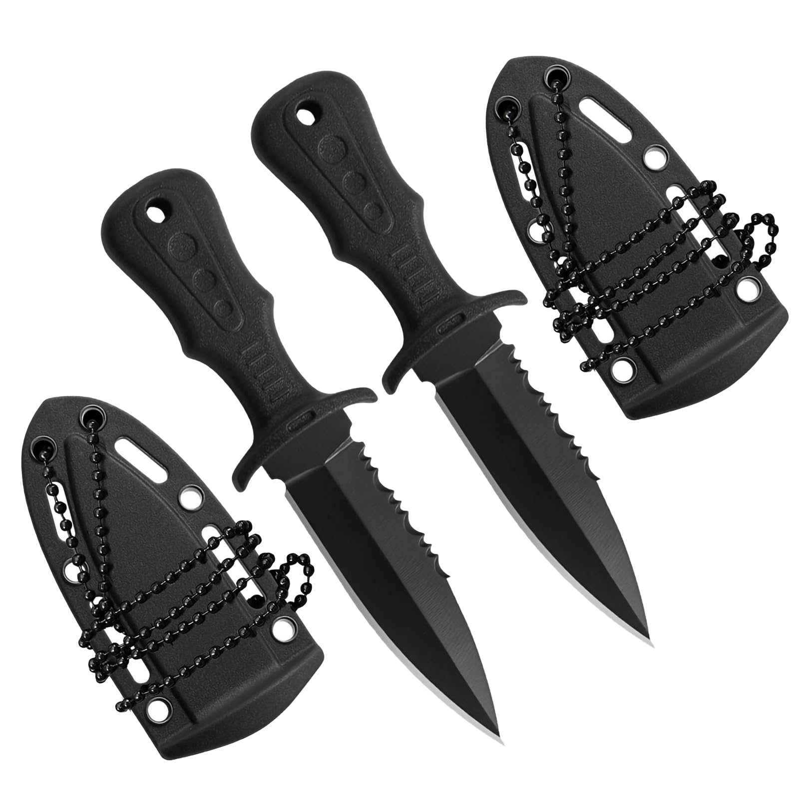 ZhongShuang 2Pcs Neck KnifeMesser Outdoor Ketten Messer Edelstahl mit Gezackt mit Kunststoffscheide und Kugelkette für den Einsatz im Freien Selbstverteidigung