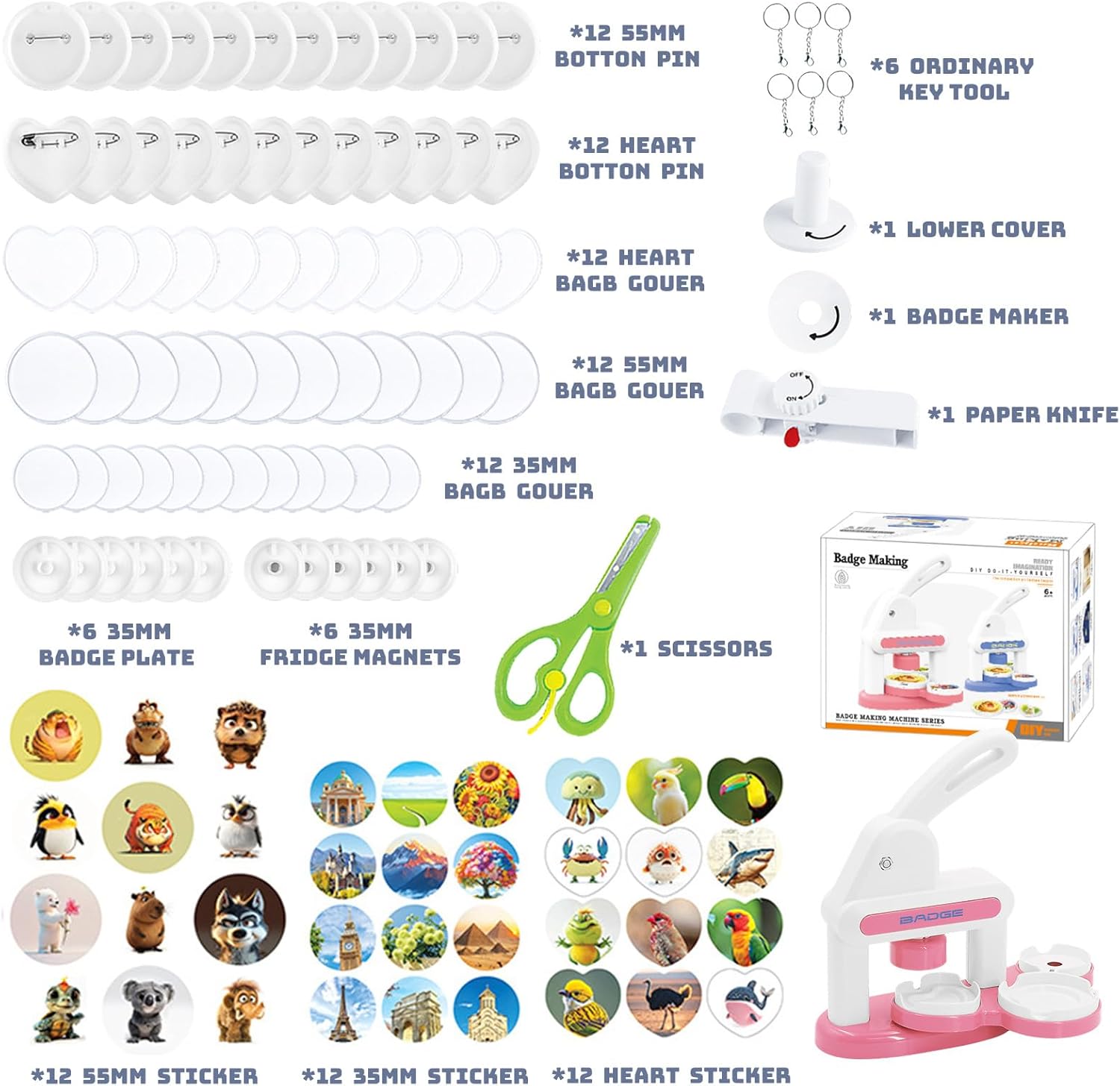 Button Maker Machine, 55mm & 35mm Badge Machine with 36 Pcs Button Parts, Stickers, Circle Cutter, Badge Making Kit, DIY Round/Heart Pin Badge Maker for Birthday Christmas Gifts (Pink)