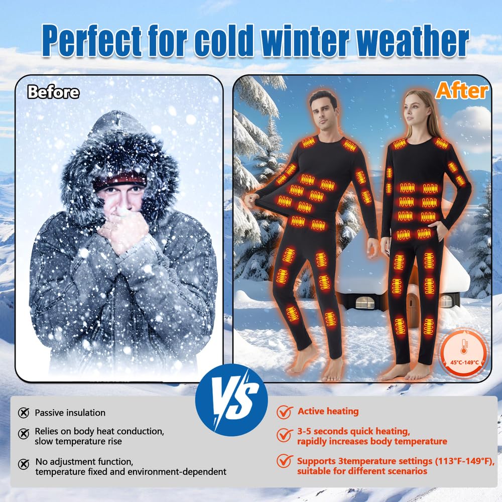 Beheizbare Unisex-Thermounterwäsche,Elektrische Heizung thermal unterwäsche,Oberteil mit 26 Zonen, Hose mit 16 Zonen, USB- und DC-Anschluss, 3 Temperaturstufen, geeignet für Camping und Wandern