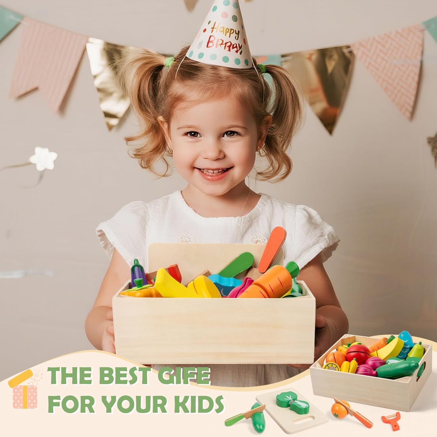 Kinderküche Zubehör Spielzeug ab 3 Jahre, Holzspielzeug Kinderküche Spielküche Zubehör mit Klett-Verbindung, 32 Stück Küchenspielzeug Lernspielzeug Rollenspiele Pädagogisches Spielzeug Geschenk