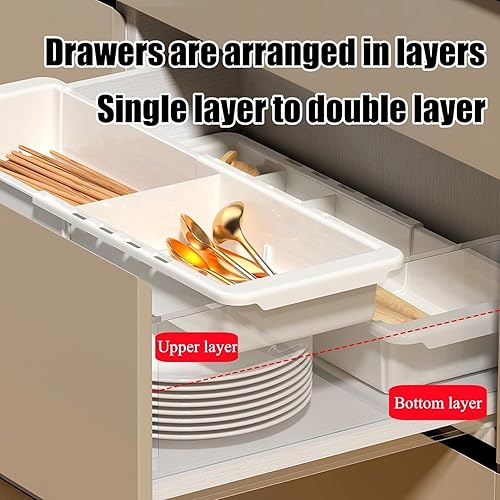 Miniatura 3 de Bandeja deslizante para cajones con divisores ajustables, organizador de almacenamiento de cocina expandible, cajón deslizante para cajones,