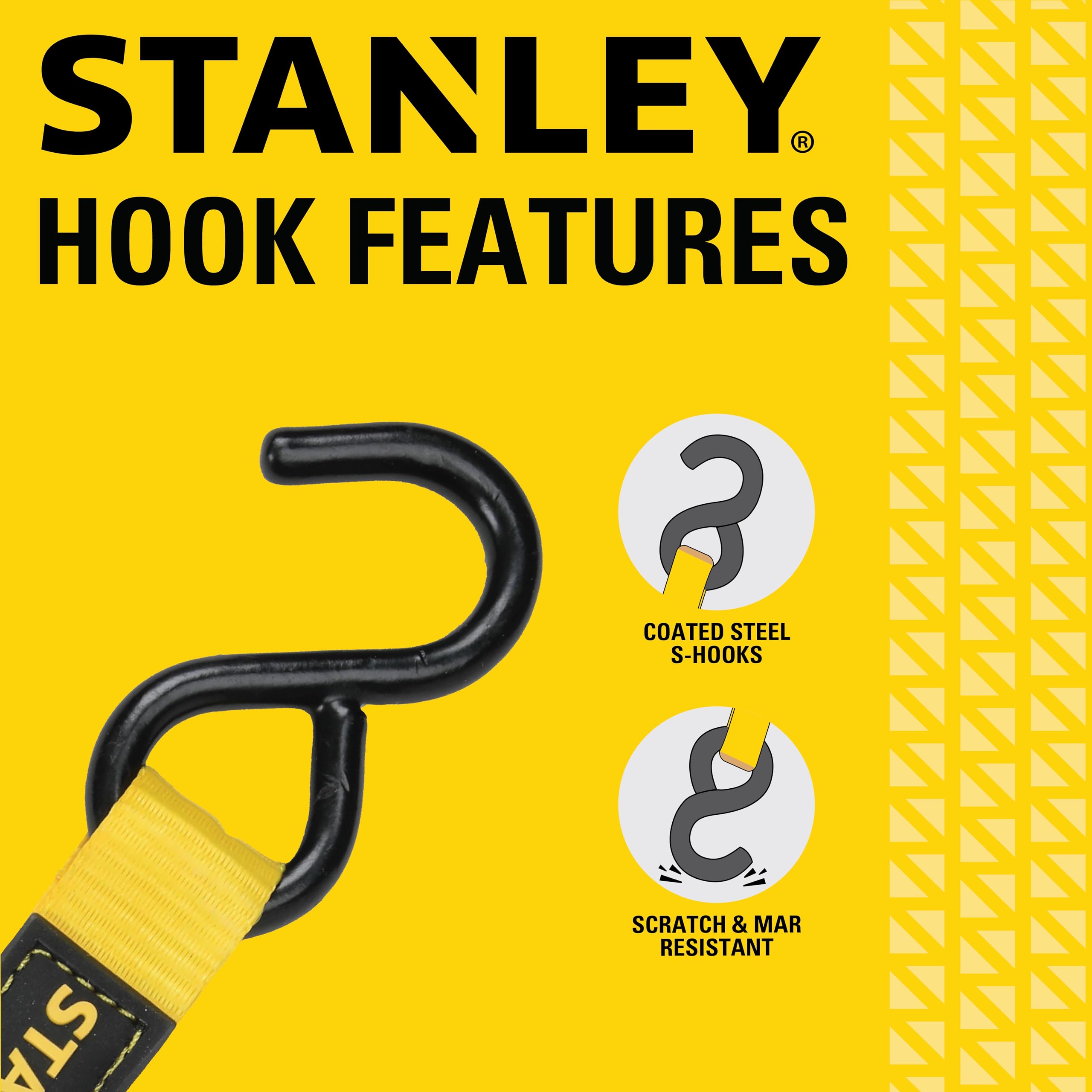 STANLEY S2002 Lot de 4 Sangles d'arrimage avec Boucle à Came fermée Noir/Jaune 2,5 cm x 3 m Charge de Travail sûre 181,4 kg Résistance à la Rupture 0,5 kg