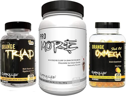 CONTROLLED LABS Paquete - Tríada naranja (30 porciones), aceite de pescado naranja oximega (120 cápsulas blandas), PROmore Protein (27 Serv) Helado