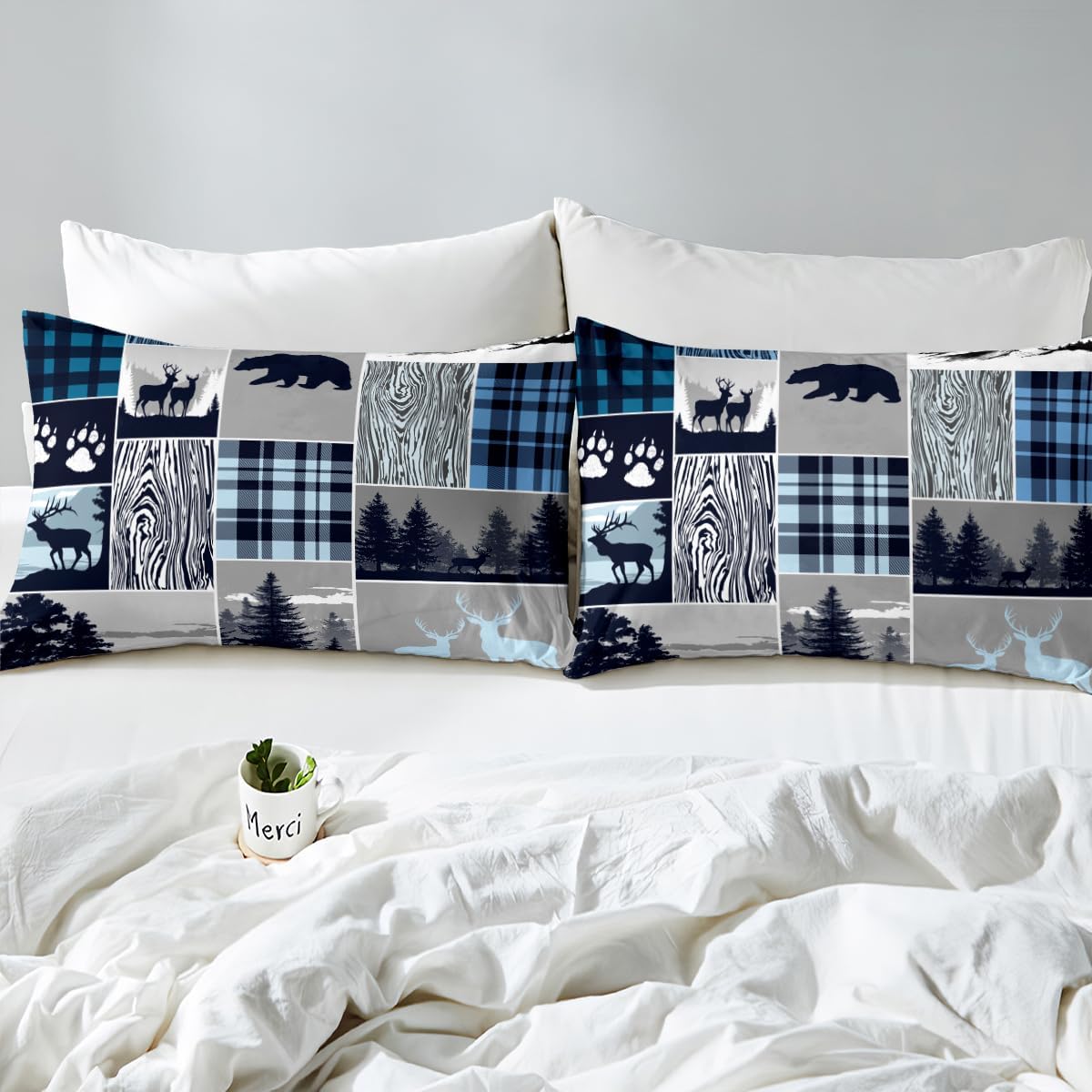 Kids Rustic Farmhouse Duvet Cover Queen Size, Retro Woodland Moose Comforter Cover Bear Deer Country Patchwork Bedding Set Hunting Wild Animal Plaid Adventure Quilt Cover With 2 Pillow Cases, Blue