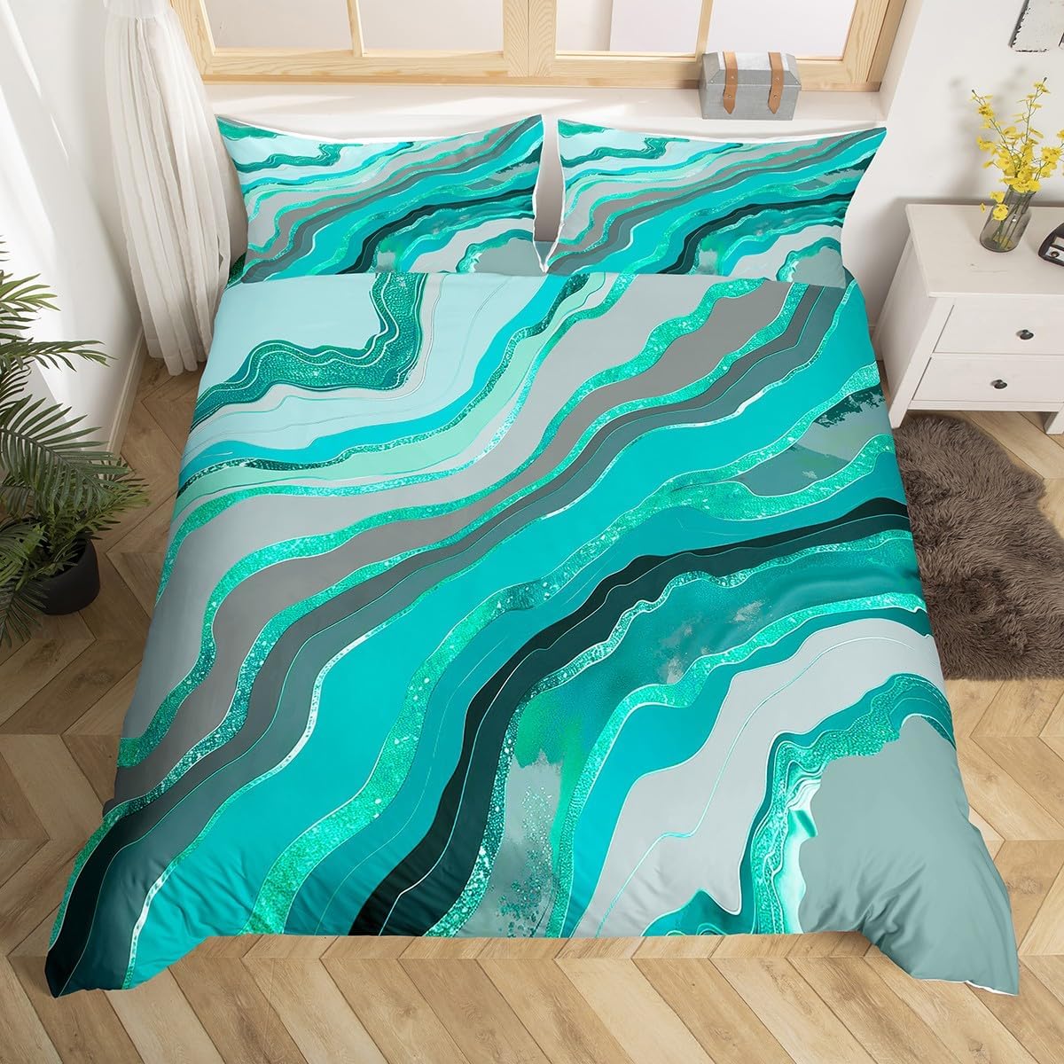 Homewish Marbling Print Duvet Cover Set Toddler Size,Green Blue Marble Pattern Quilt Cover for Kids Boys Girls Tie Dye Ripple Stripes Art Geometric Bedding Set with 1 Pillowcase,No Comforter