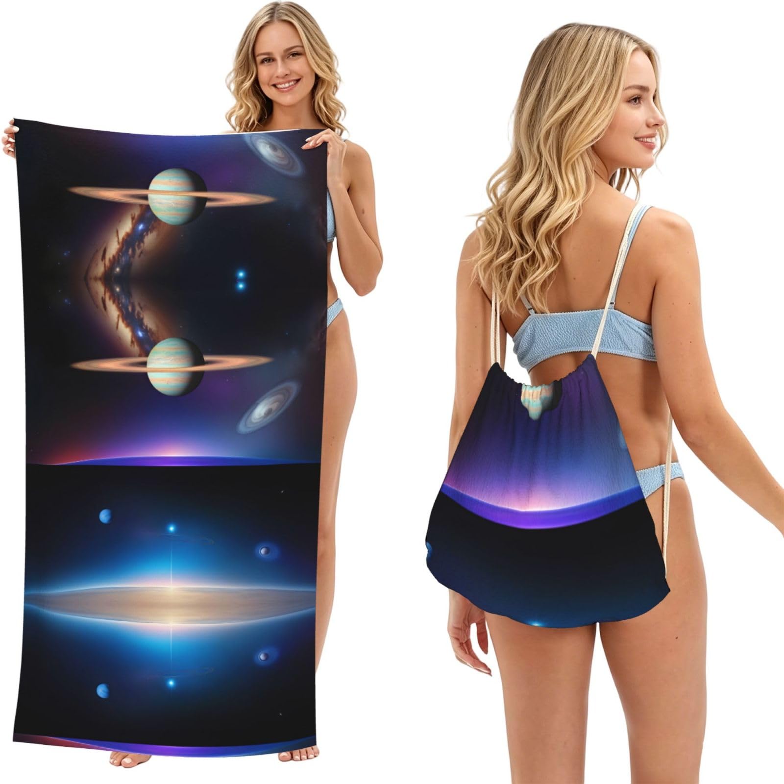 SXZVVBN Cosmic Saturn 2-in-1 Beach Towel Bag, Quick Dry Sand Free Travel Towel Backpack for Adults