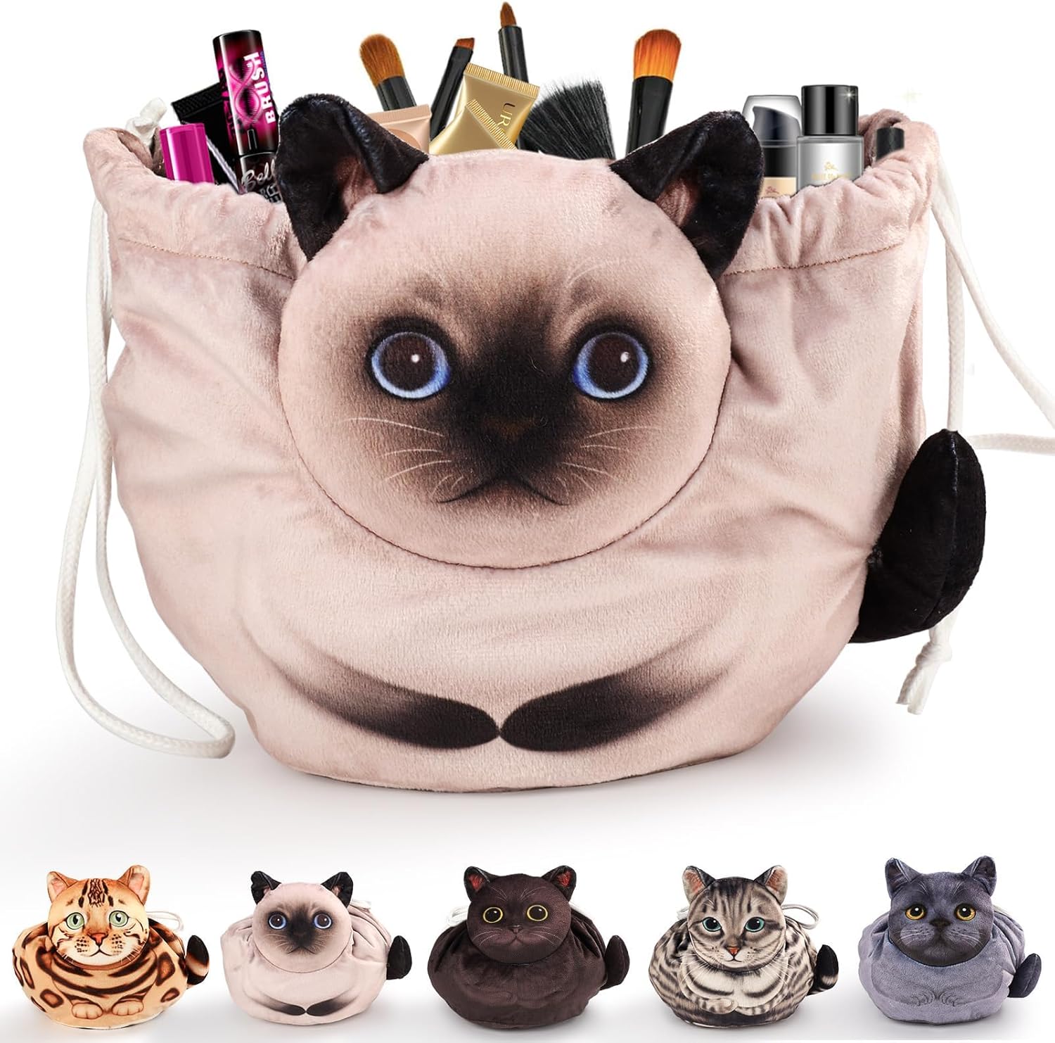 Tazweeq Drawstring Makeup Bag, Cat Makeup Bag, Travel Makeup Organizer, Cosmetic Pouch Bag, Cat Gifts for Women, Flat Cosmetic Bag Gifts for Cat Lovers