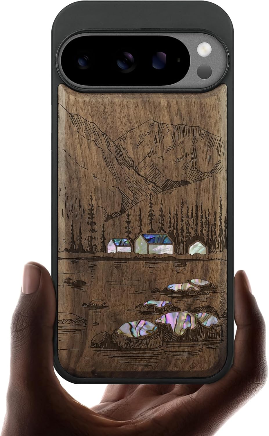 Carveit Magnetic Wooden Case for Google Pixel 10 Pro XL Case, Wood Artisan Engraved & Handmade Shell Inlaid, Compatible with MagSafe Wireless Chargers, Lakes and Mountains - Walnut