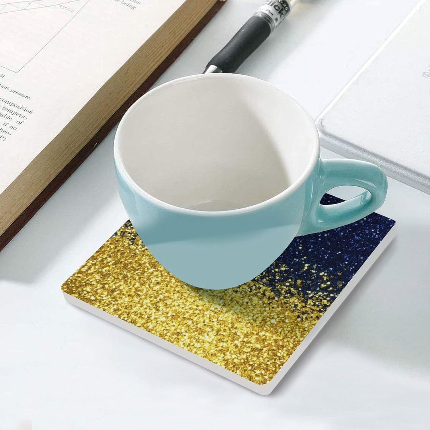 Glitter Pattern Ukraine Flag Funny Ceramic Coasters for Drink Absorbent Cup Holders Tabletop Protection