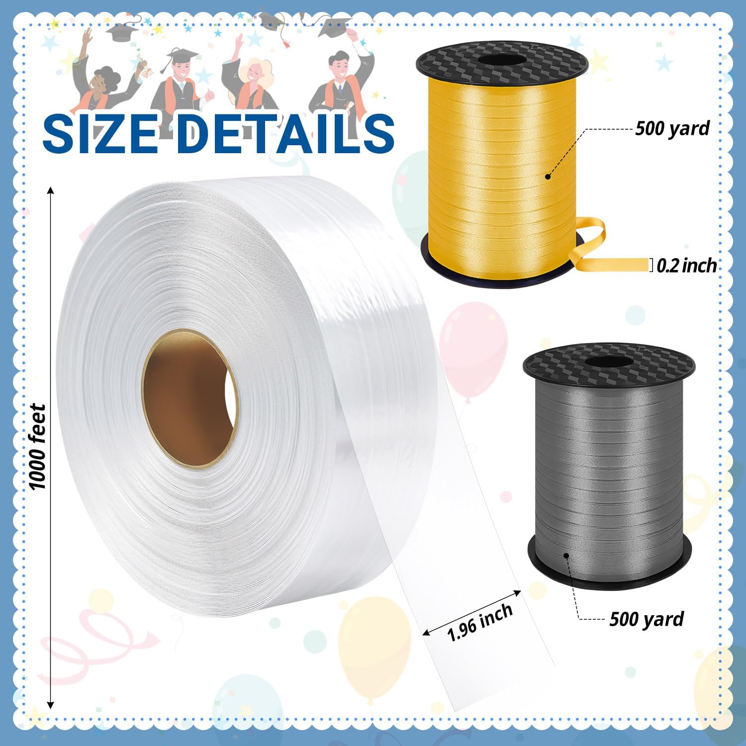 Candy Lei Poly Tubing, 2 Inch x 2000 ft Clear Graduation Candy Lei Making Kit with 4 Rolls 500 yd Ribbon, Clear Shipping Poly Tubing for DIY Graduation Wreaths Packing Snacks