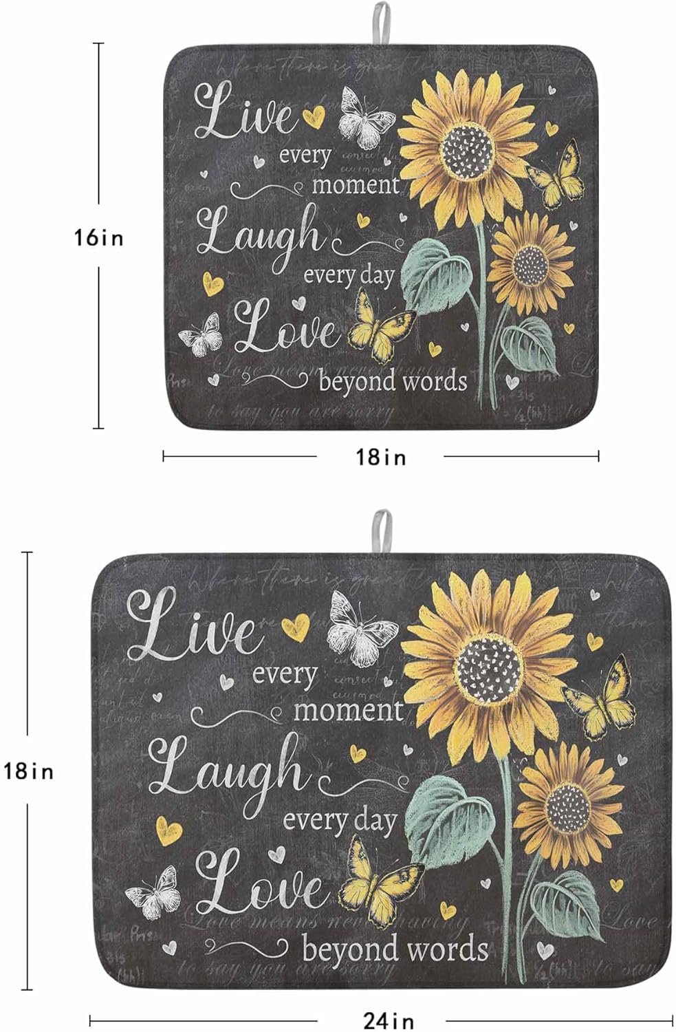 Dish Drying Mat for Kitchen, Farmhouse Sunflower Butterfly Vintage Blackboard Grain Absorbent Dish Drying Pad, Kitchen Counter Mat for Dishes Utensils Camping, 18"x24"(2 Pcs)