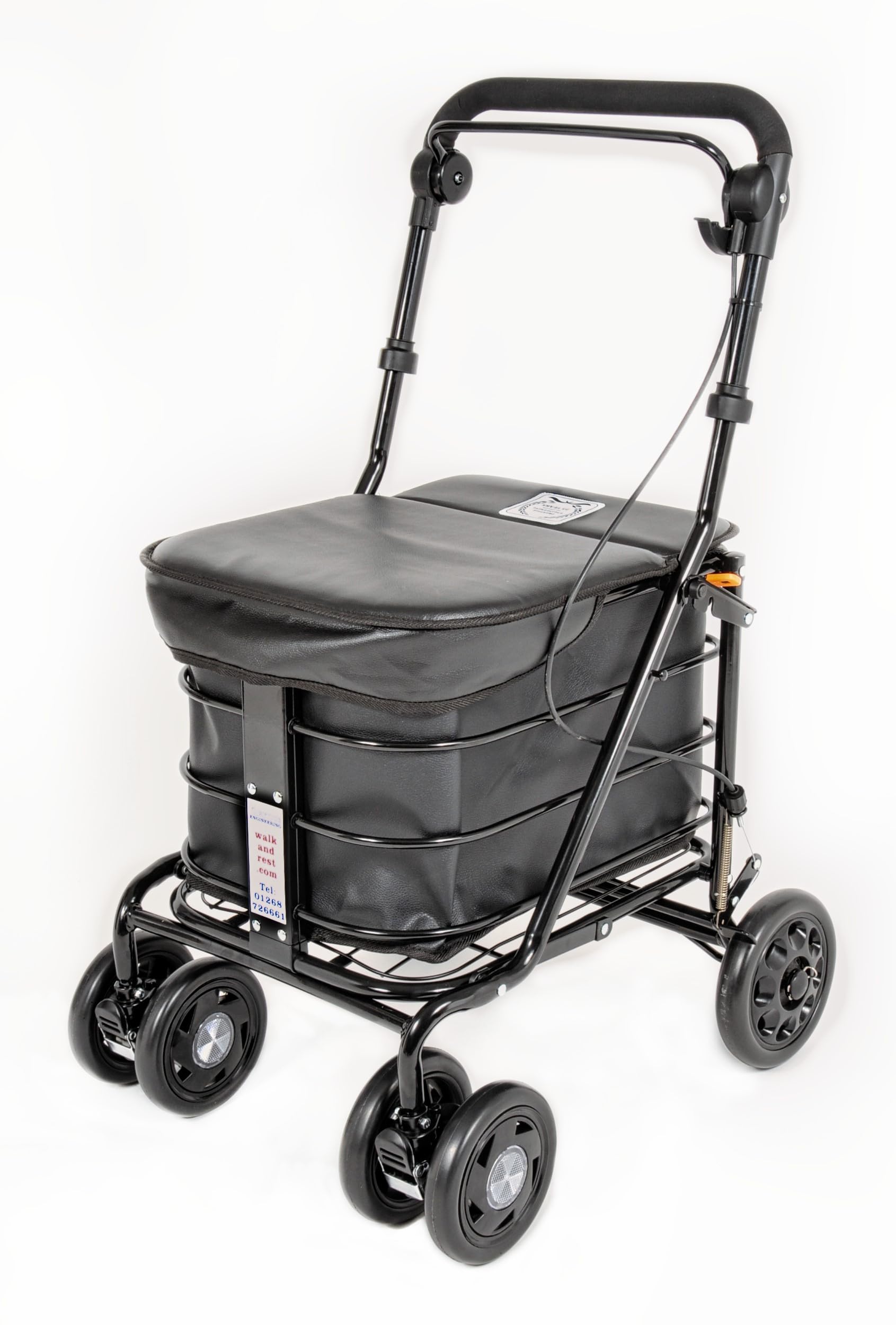 Walking Trolley/Shopping Trolley with Seat/Seated Mobility Trolley/Stroller/Rollator (FULLY ASSEMBLED READY TO USE!) Folding with handbrake 6 wheels and seat (Black)