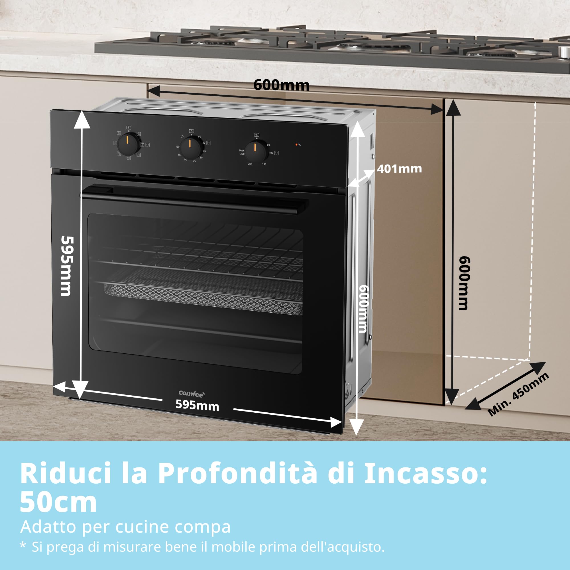 COMFEE' Forno Elettrico da Incasso Ventilato, 60 Litri, Class A, 8 Funzioni, Cottura Multifase, Facile Pulizia, Porta Rimovibile,Cottura AirFry, Nero - CBO60M80M1-BK