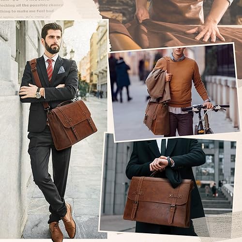 Miniatura 6 de RAINSMORE Bolsa de mensajero para hombre de 17 pulgadas, impermeable, de piel vintage, maletín para laptop, bolsa grande para laptop, bolsa de