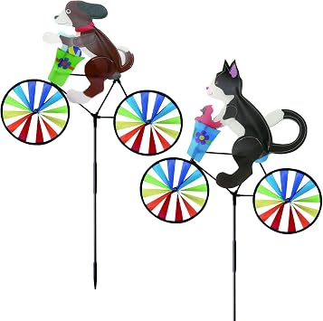 2 Pack 20 Inches Animal Bike Spinners Decoration, Colorful Dog and Cat Pinwheels with Stakes, Windmill Wind Spinner for Yard Garden Lawn, Large Pet Pin Wheels Outdoor Decor Gifts for Kids