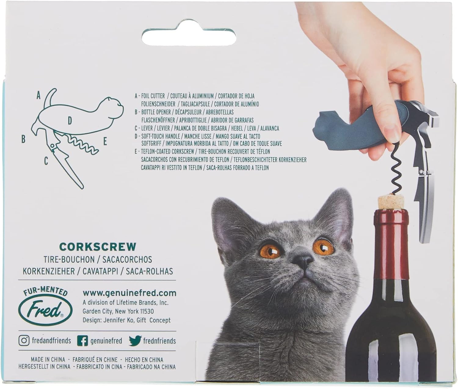 Genuine Fred Cat Corkscrew, Wine Lives, Gray