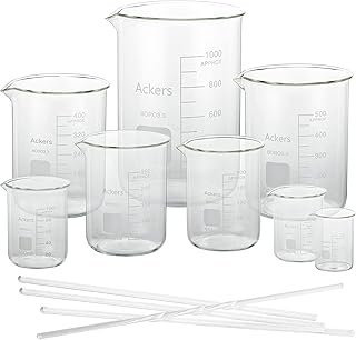 Ackers Boro3.3,Griffin Low Form Scientific Glass Beaker Set-25ml,50ml,100ml,200ml,250ml,400ml,500ml,1000 mL (Pack of 8) 丨4 Stirring Rods
