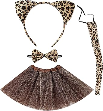 4PCS Cheetah Costume for Women Womens Leopard Costume Accessories Sets Cat Ears Headband/Cheetah Tails/Bow Tie/Leopard Tutu Skirts for Halloween Animals Cosplay Set