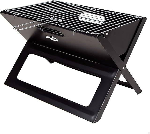AKTIVE 63033, przenośny i składany grill ze stali węglowej, czarny, prostokątny, z uchwytem do przenoszenia, wymiary 45x29x30cm, łatwy w montażu i transporcie, grill na kempingu, taras, balkon