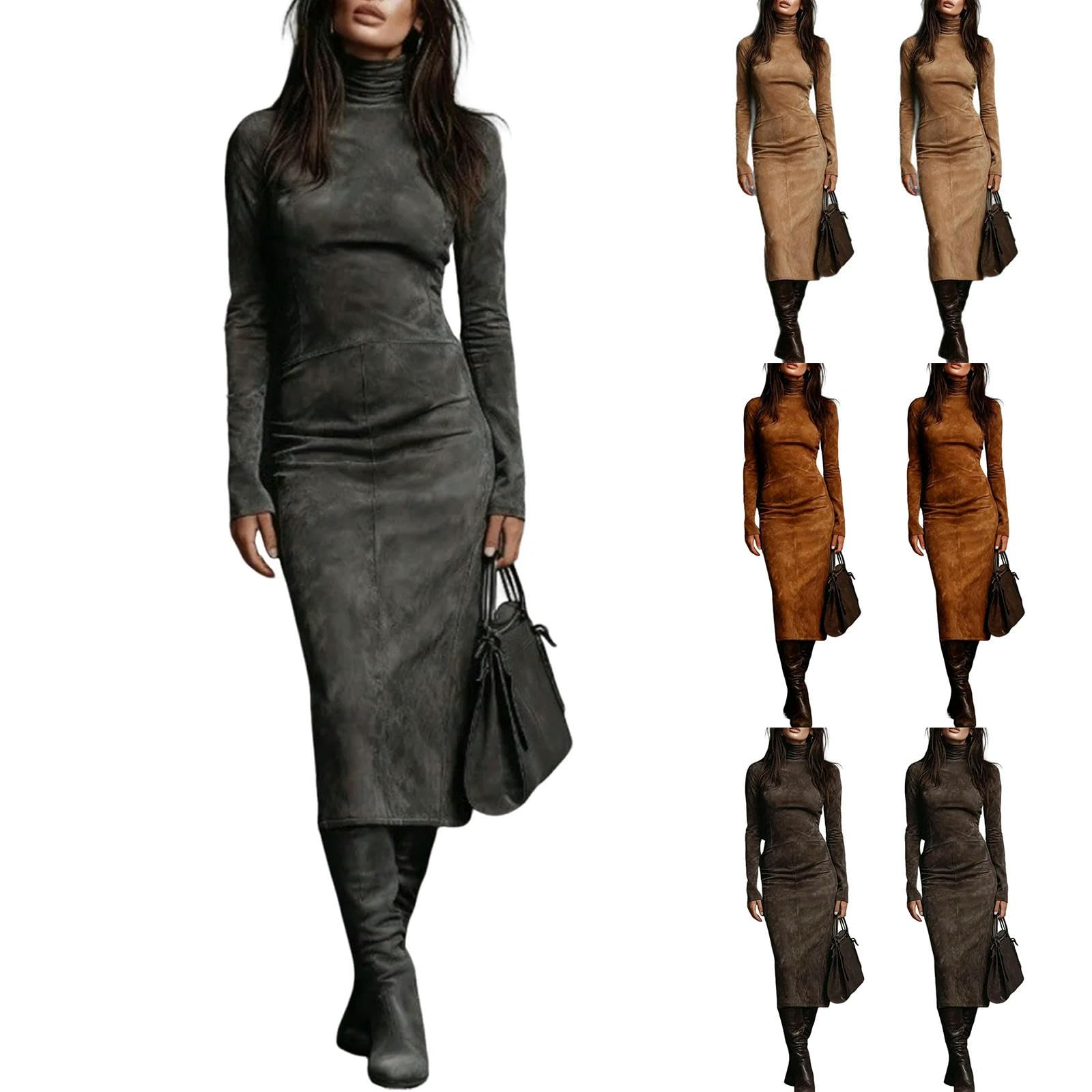 Vestiti a Maniche Lunghe Abito Lungo da Donna in Velluto Plissettato, Maxi Aderente con Collo Alto per Abiti alla Moda, Sera E Festa-Grigio Scuro-m
