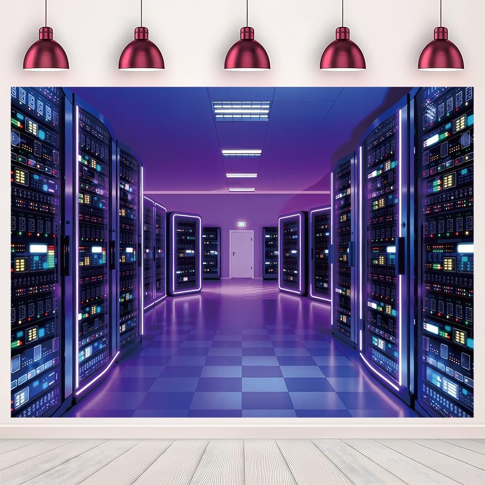 7x5FT Cyberpunk Server Room Photo Backdrop Purple Neon Data Center Futuristic Tech Theme Photography Background Gaming IT Event Party Banner Decor Studio Booth Props Supplies