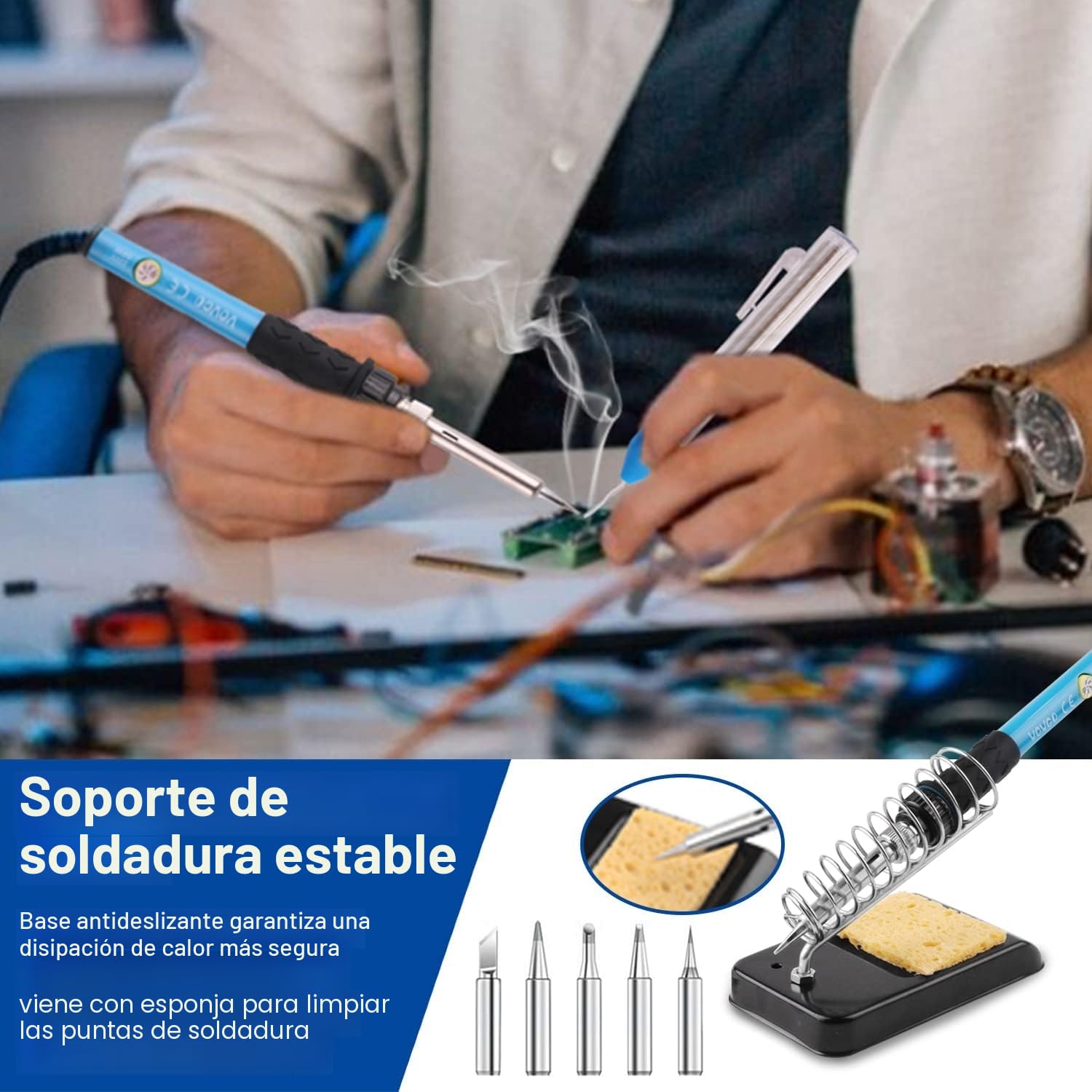 Soldador Estaño Set 24 in 1 con Caja de Herramientas, 60W Kit Soldadura Eléctrónica con Multímetro Digital,Temperatura Ajustable 200-450℃,Puntas Soldador