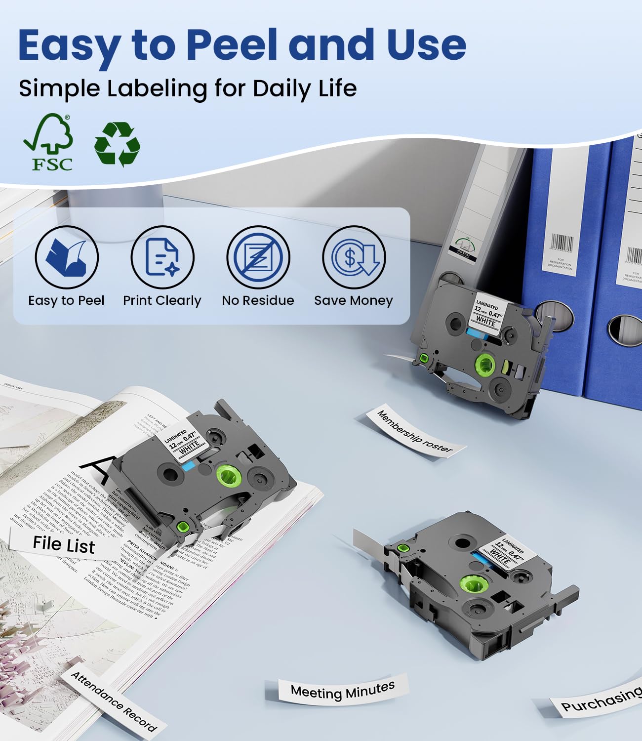 Freshworld Confezione da 10 ricariche di ricambio per etichettatrice Brother TZe-231 12 mm 0,47 inchiostro nero su nastro bianco laminato compatibile con Brother Label Maker Tape per P-Touch PTD210