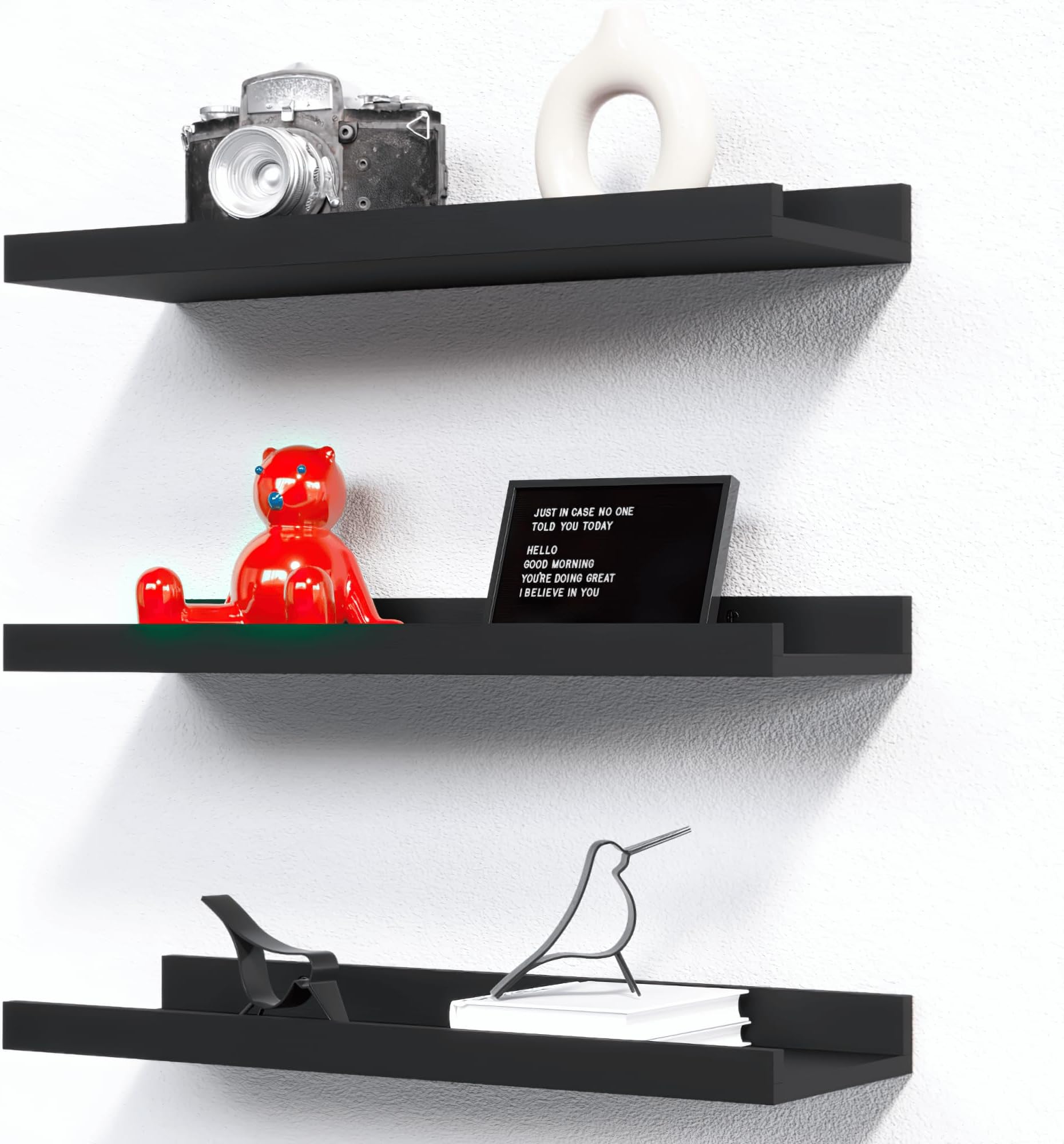 Black Floating Shelves for Wall Set of 3, 40 CM Wood Floating Shelves Modern for Photo Ledge Display, Wall Decor, for Room Decor, Living Room, Bedroom, Bathroom, Kitchen, Laundry