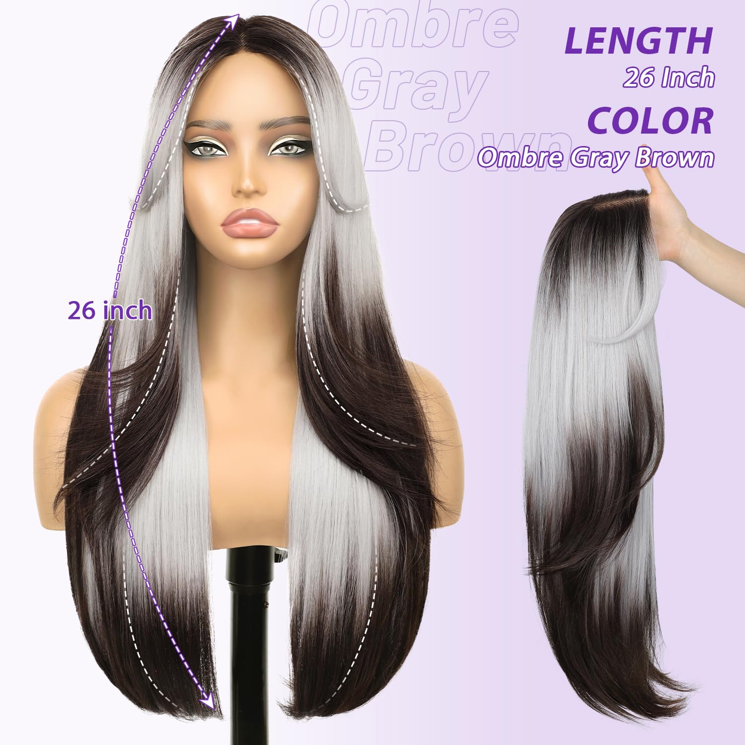Eawwii Ombre Gray Brown Glueless Wigs for Women Pre Cut Synthetic Lace Hairline Long Layered Straight Hairstyle 26 Inch