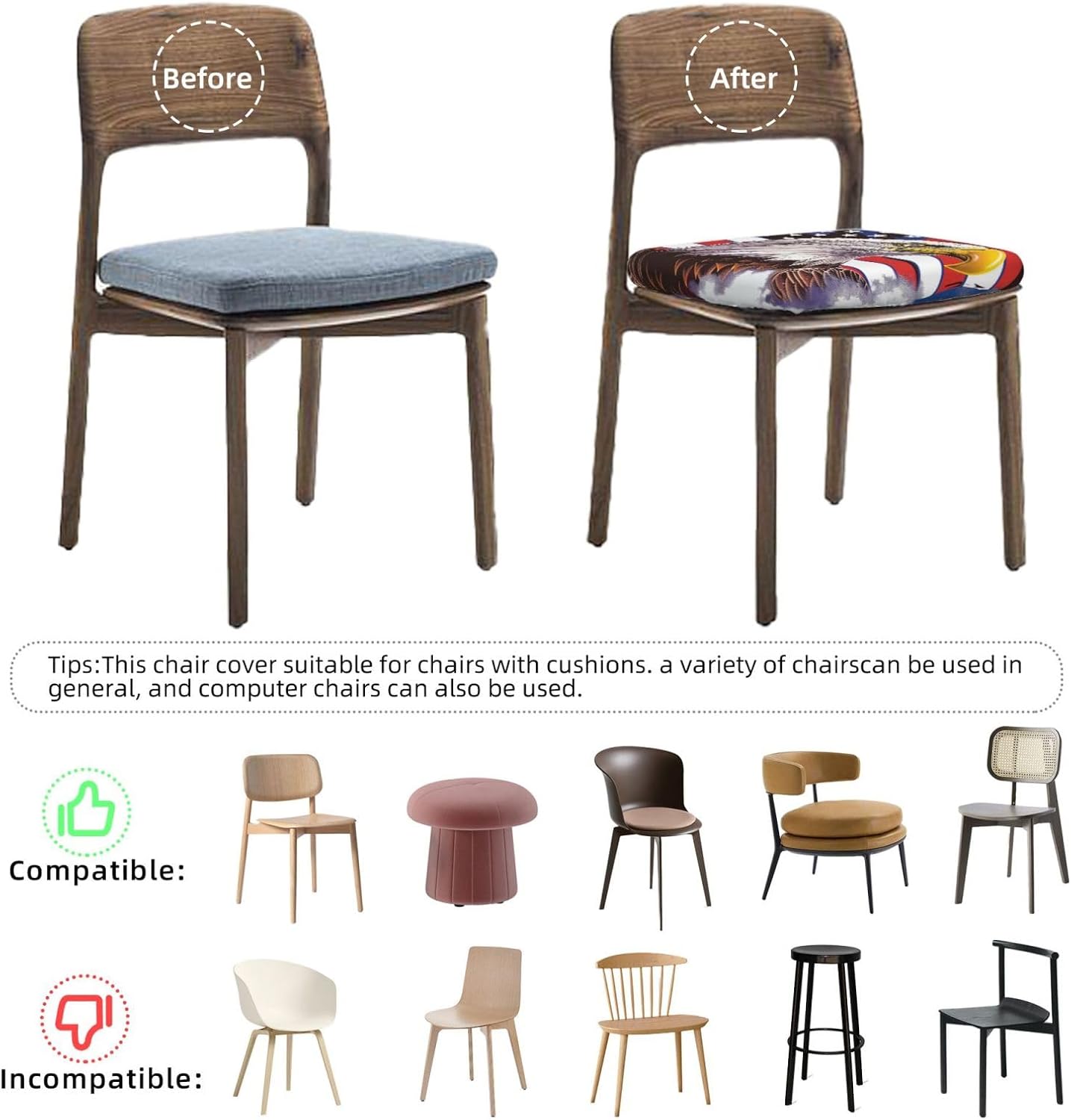 Eagle with USA Flag Print Square Cushion Covers 6 Pcs Set Elastic Non-Slip Seat Cushion Slipcovers Pet Furniture Protectors for Chair, Sofa