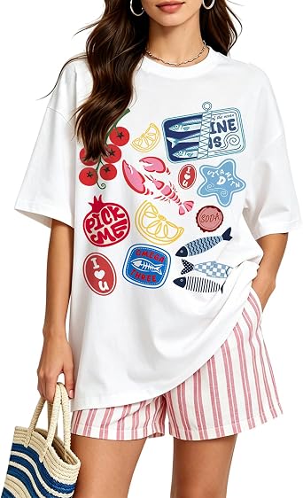 Graphic Tees for Women Y2k Oversized Sardine Tshirt Summer Fish Baggy Shirt