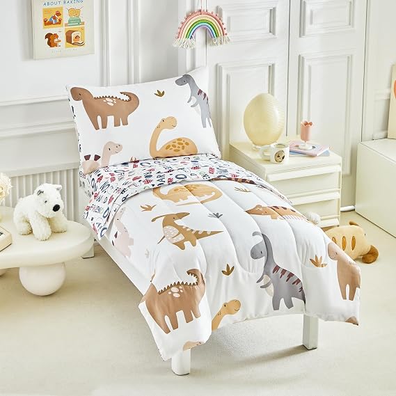 Dinosaur Toddler Bedding Set for Boys Girls Coffee 4 Pieces Toddler Bed Set - Ultra Soft Cute Dinos Toddler Bed in a Bag - Includeing Comforter Sheet Set Pillowcase SYUTBS-21-T05