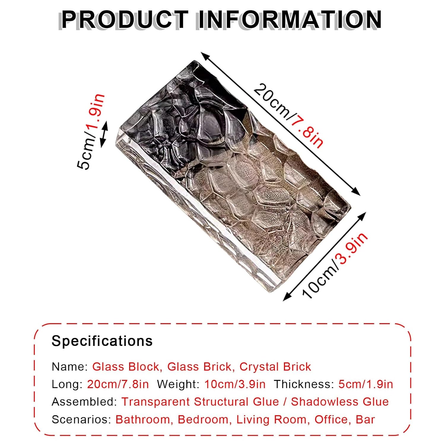 Rectangular Glass Block for House Decoration Ice Crystal Textural Sided Glasses Bricks for Hotels Office Decorative(5PCS)