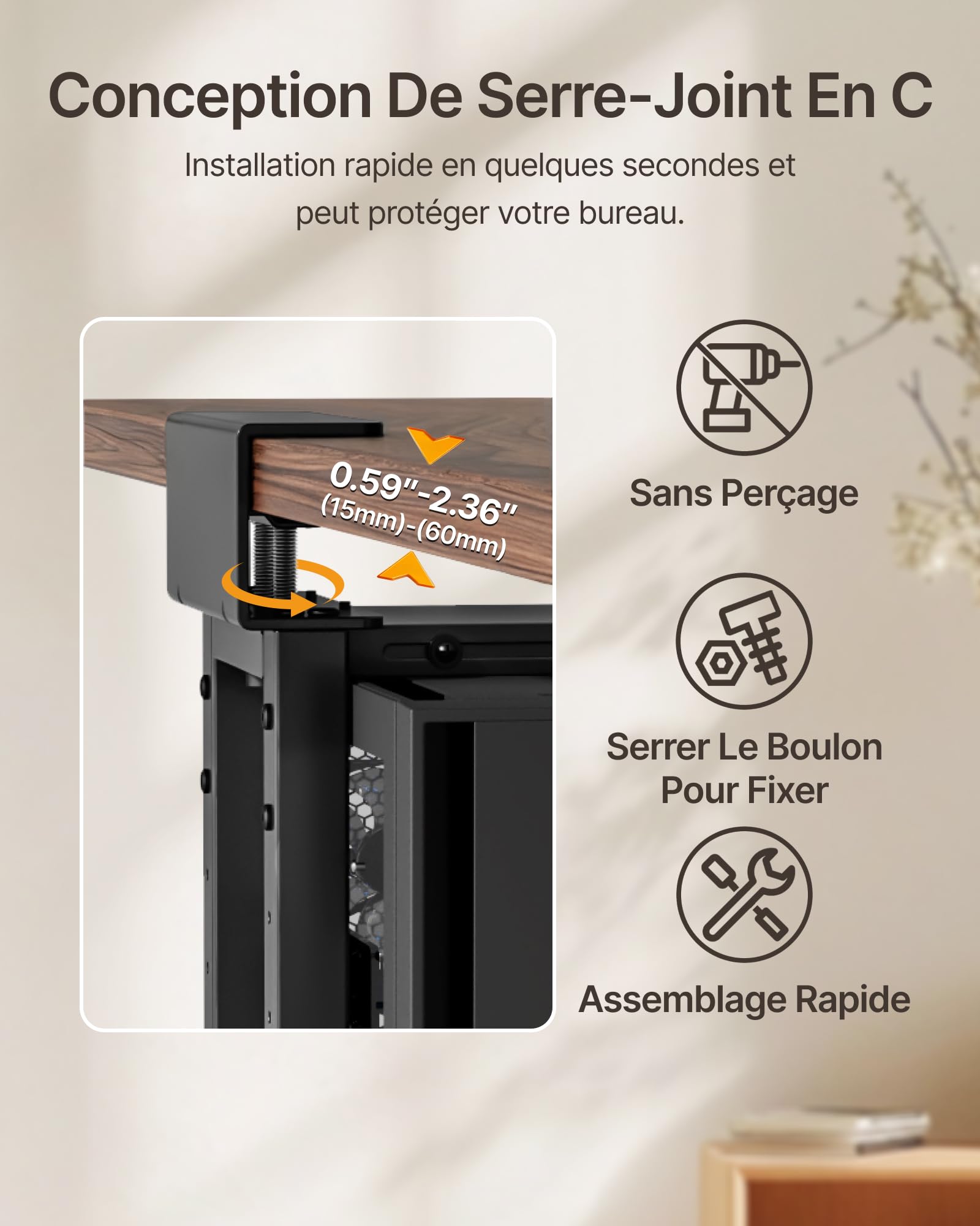 monTEK Support PC Robuste de 30 kg à Monter sous Bureau, sans perçage, Noir | support PC réglable avec coussin de protection, hauteur de 16,1 à 25,6 pouces, parfait pour bureau, maison, salle de classe