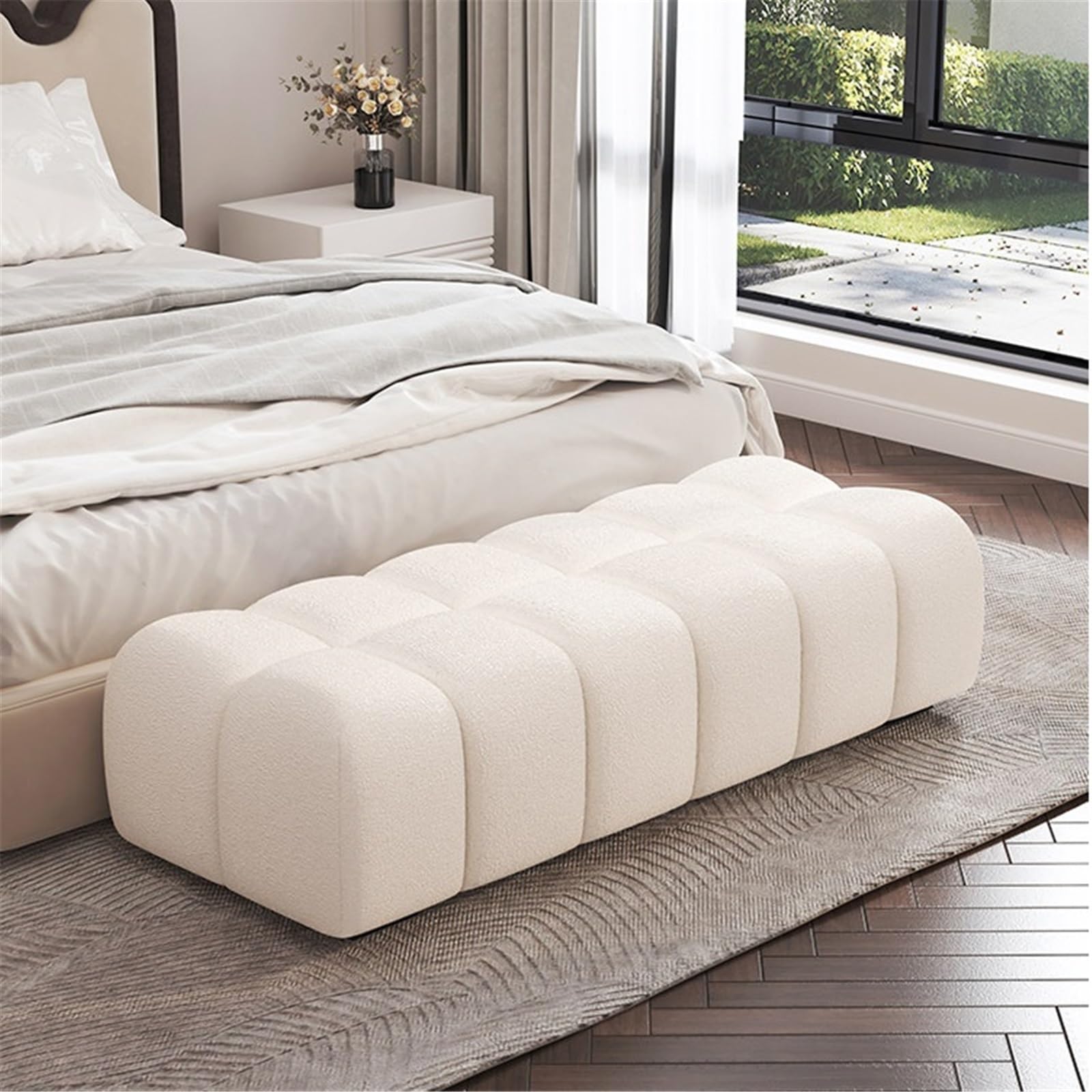 Elegante panca in tessuto per camera da letto e spogliatoio, comoda seduta per divano, ideale per mamme e soluzione decorativa, design salvaspazio