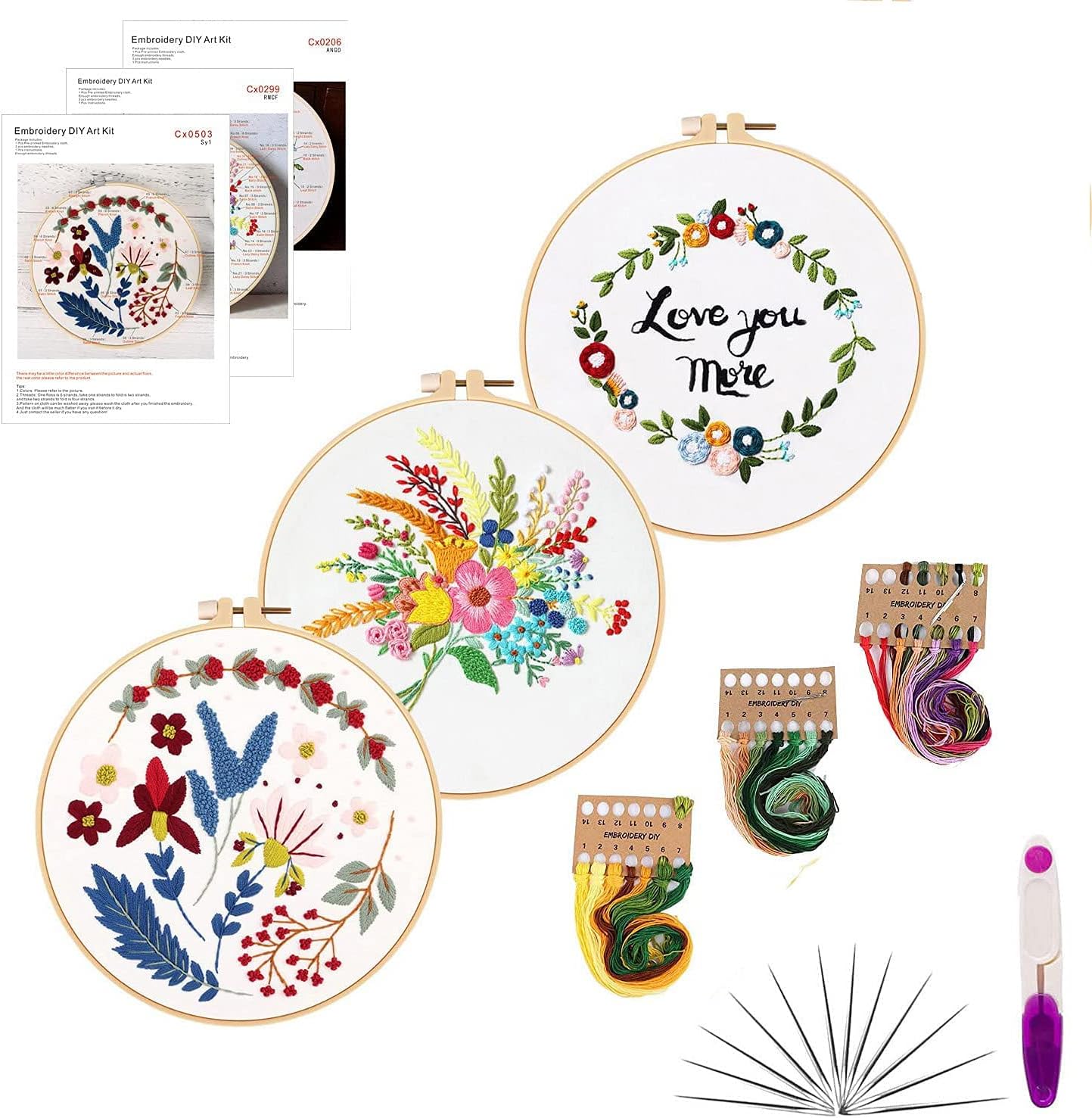 3Pack Embroidery Starter Kit with Pattern and Instructions, DIY Beginner Starter Stitch Kit Include 1Embroidery Hoop,3 Embroidery Clothes with Plants Flowers Pattern,Color Threads (Embroidery Kit-L)