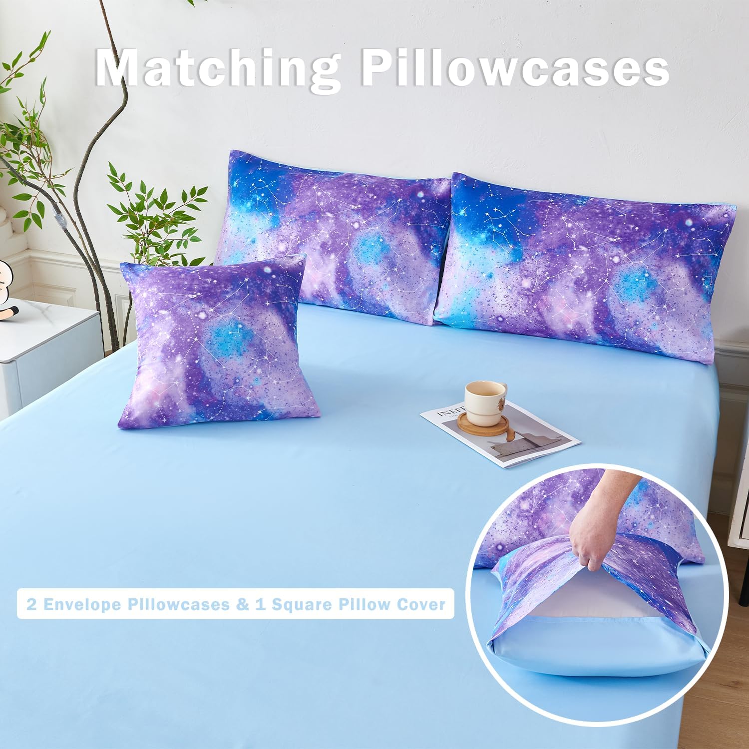 PERFEMET Twin Comforter Set for Girls, Galaxy Constellation Purple Bedding Set with Sheets, 6 Pieces Girls Bed in A Bag 3D Colorful Gradient Glitter Comforter Soft and Lightweight for All Season