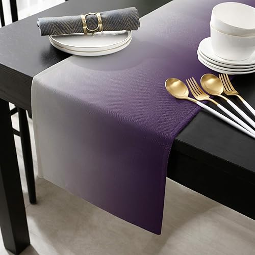 Miniatura 2 de Caminos de mesa rectangulares de lino y algodón degradado de 13 x 70 pulgadas, color gris degradado y morado, caminos de mesa de lujo para