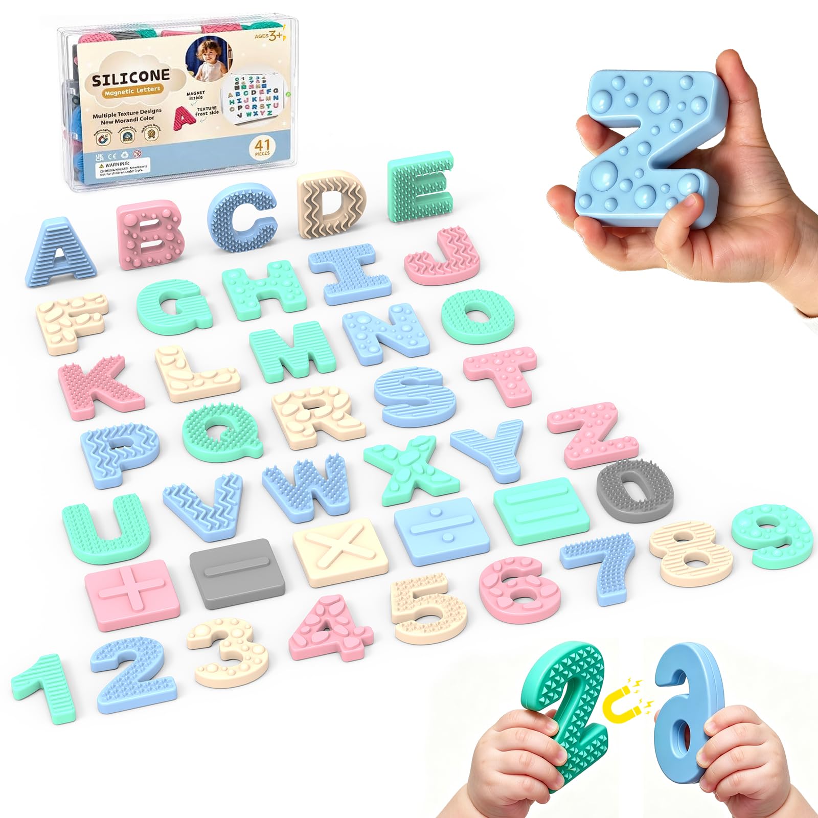 Sensory Silicone Magnetic Letters and Numbers Set, 41 Pcs ABC Uppercase Alphabet Fridge Magnets with Math Symbols for Toddlers &amp; Kids,Birthday Gifts for Boys Girls Spelling &amp; Counting Toys