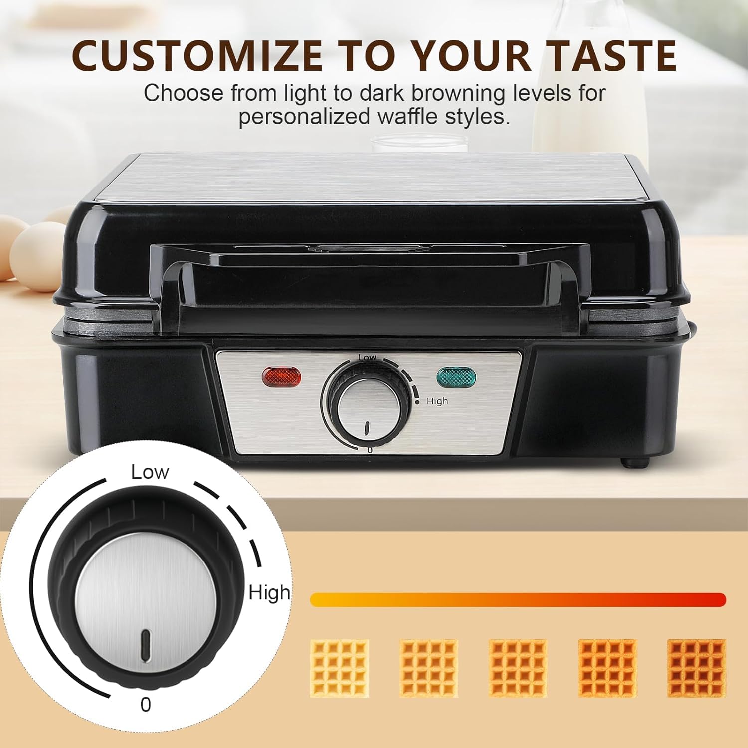 VINATO Waffle Maker, Gofrera, Máquina de Gofres Cuadrada de 4 Rebanadas, 1200W