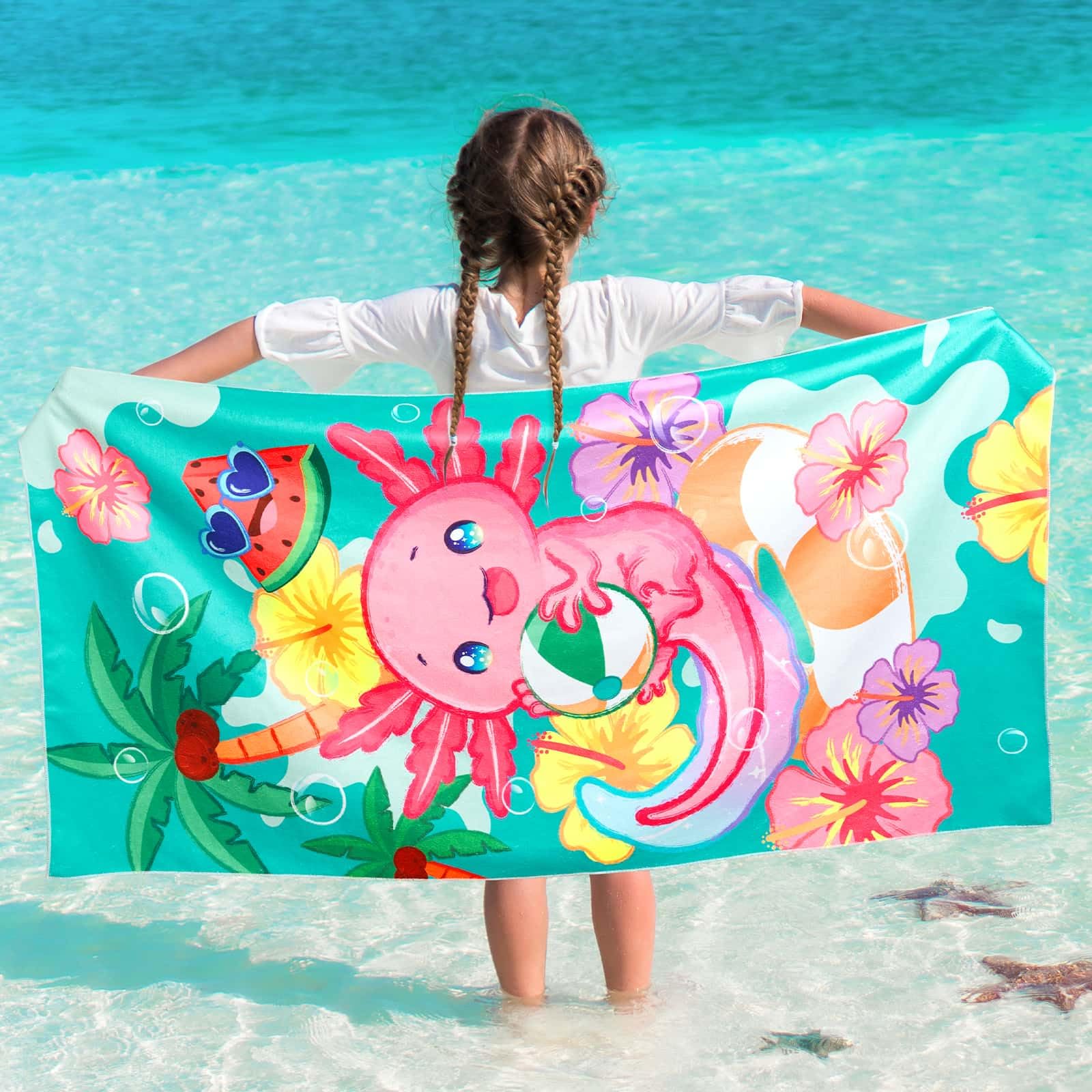 WERNNSAI Beach Towel for Kids, 76 x 150cm Axolotl Quick Dry Sand Free Pool Towel for Girls Super Absorbent Bath Pool Camping Travel Towel Soft Beach Blanket Bath Shower Towel