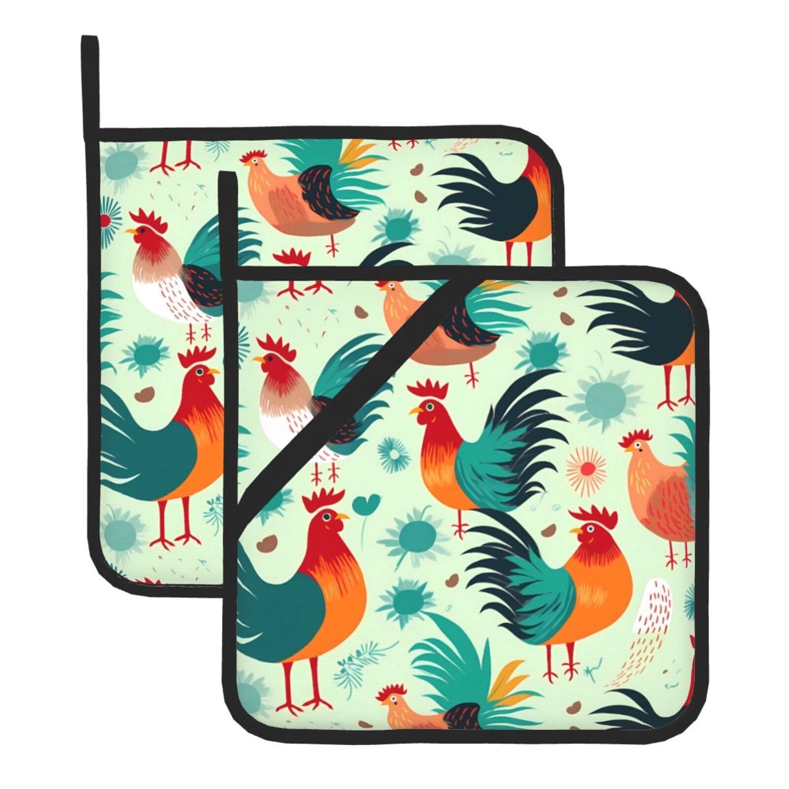 HJFCZH Shine Rooster Printed Square Insulated Pot Mat Set (2-Piece) 8x8in Waterproof, Thickened & Easy to Clean with Lanyard Design for Kitchen, Oven & BBQ