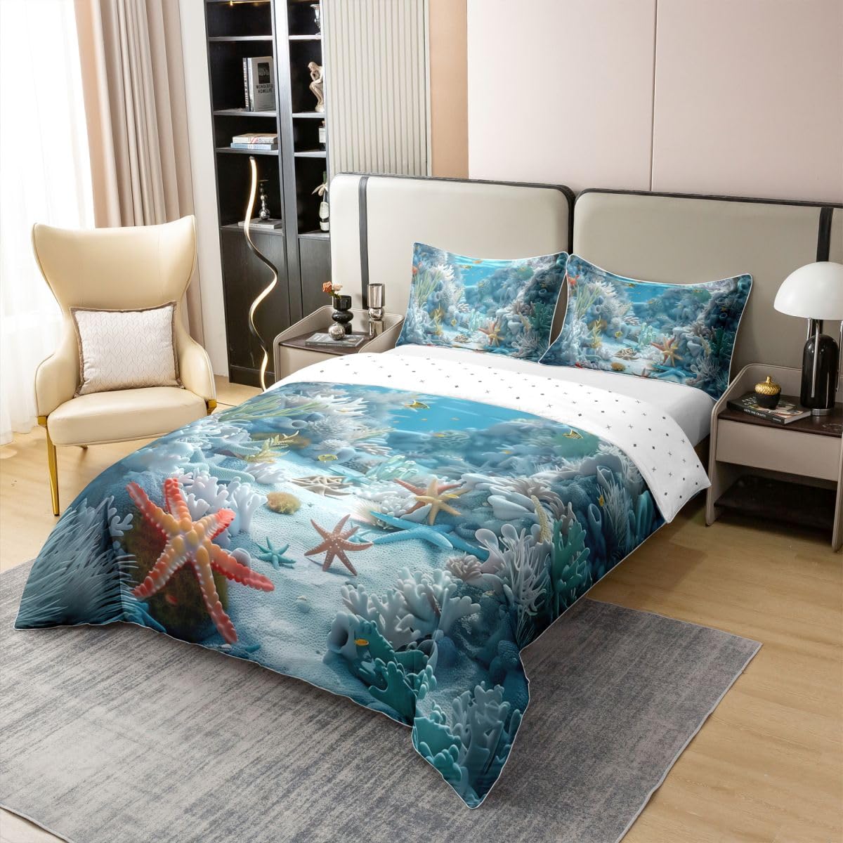 Homewish Coral Sealife Bettbezug 135x200 Baumwolle Meerestierdruck Bettwäsche Blau Ozeanfisch für Kinder Jungen Mädchen Bedding Unterwasser Meeresleben Bettwäsche Set Weich 2 teilig
