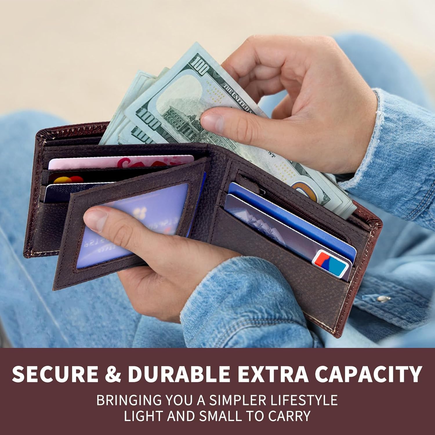 Full Grain Leather Bifold Wallets, RFID-Blocking for Western Men, Rodeo Wallet with 10 Slots (Wine Red, Stars), Gift for Men - Image 6