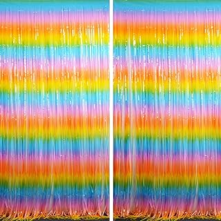 BRAVESHINE Rainbow Glitter Tinsel Foil Fringe Curtains - 2Pcs 3.2x8.2ft Metallic Holiday Photo Booth Pros Party Backdrop for Birthday Unicorn Fiesta Princess Wedding Baby Shower Easter Party Decor