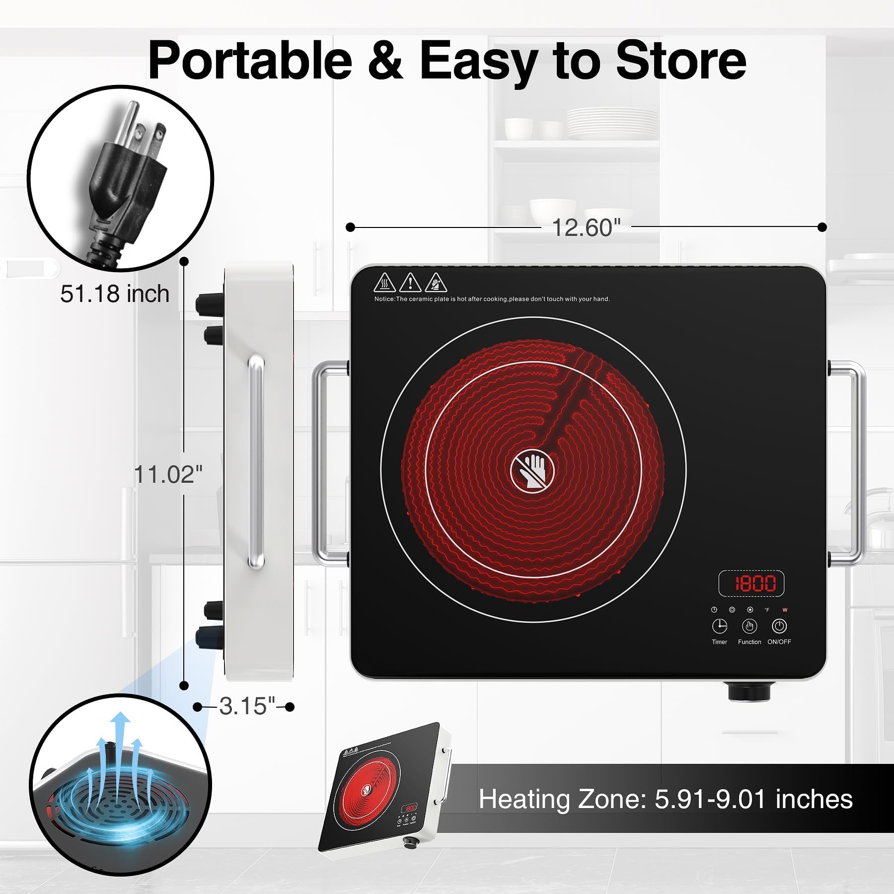 Placa de cocina eléctrica, 110 V, con función táctil y perilla, quemador individual de 1800 W con asa, 9 niveles de potencia, bloqueo de seguridad para niños y temporizador de 4 horas, portátil 5